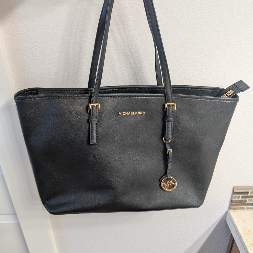 Michael Kors Black Leather Tote with Gold Accents